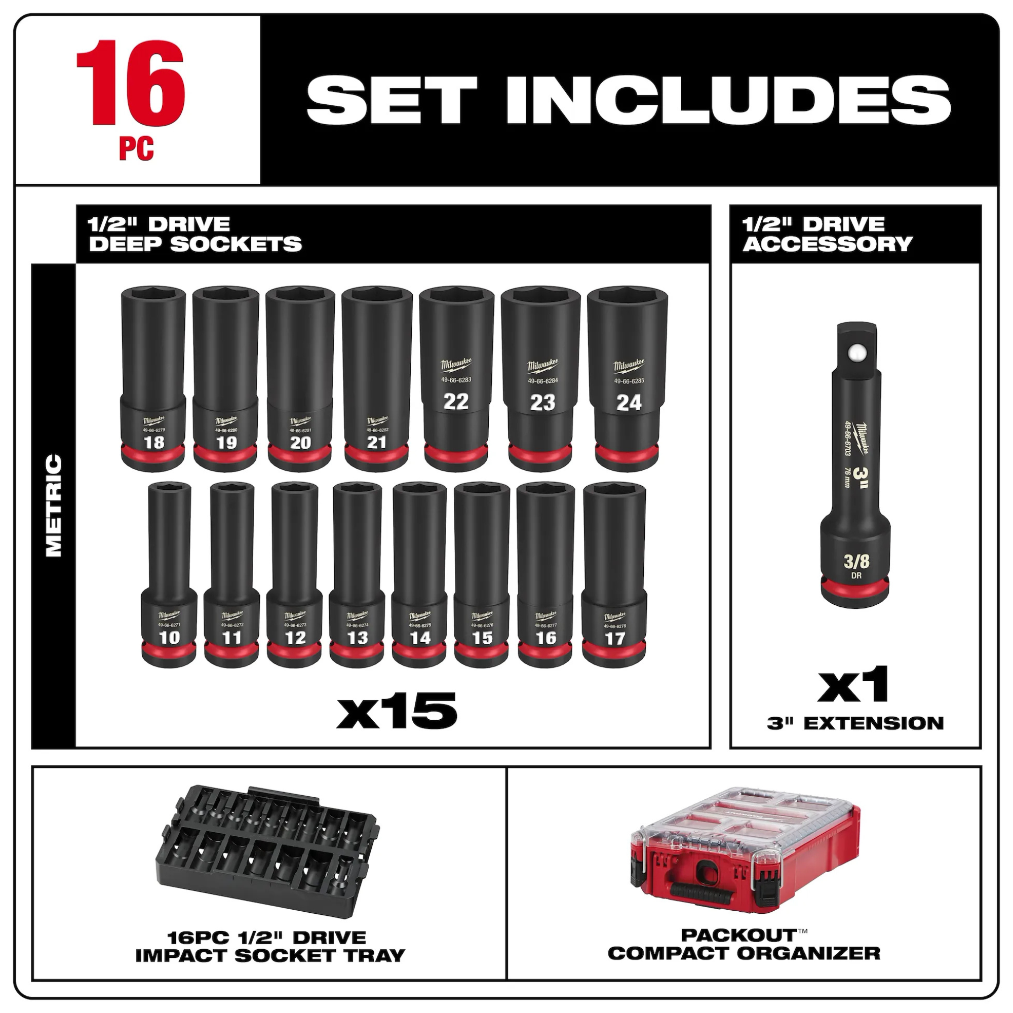 Milwaukee 16PC SHOCKWAVE Impact Duty Socket 1/2” Drive 16PC MM Set with PACKOUT from Columbia Safety